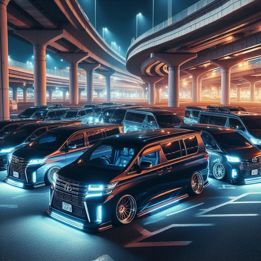 "A slammed luxury van with deep dish wheels and aggressive styling parked under an overpass in a Japanese city at night, gritty urban textures, neon reflections, photo-realistic"