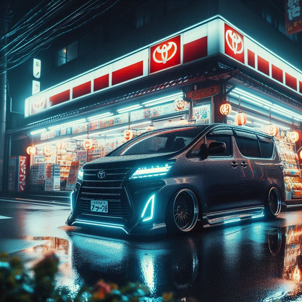 "A slammed luxury van with deep dish wheels and aggressive styling parked under an overpass in a Japanese city at night, gritty urban textures, neon reflections, photo-realistic"