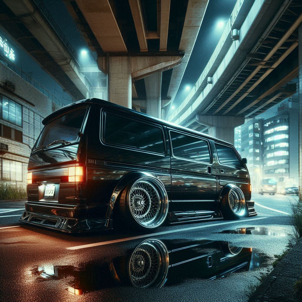 "A slammed luxury van with deep dish wheels and aggressive styling parked under an overpass in a Japanese city at night, gritty urban textures, neon reflections, photo-realistic"