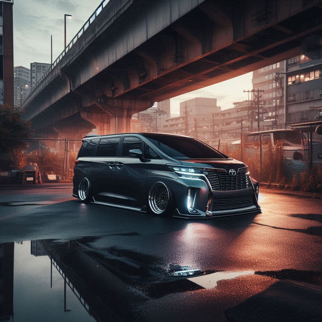 "A slammed luxury van with deep dish wheels and aggressive styling parked under an overpass in a Japanese city at night, gritty urban textures, neon reflections, photo-realistic"